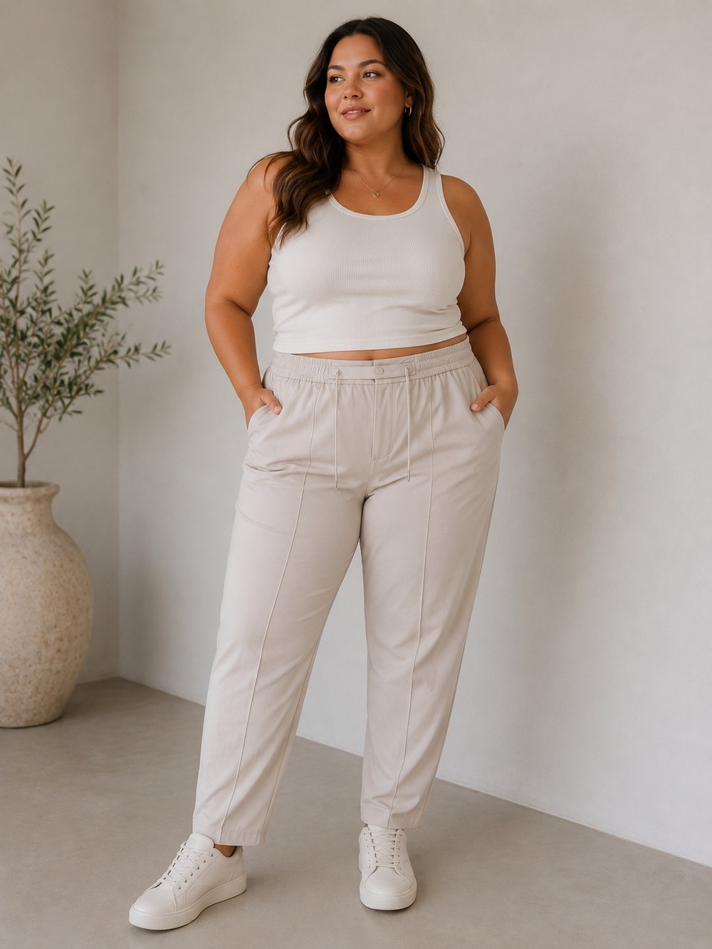 High-Rise Straight Leg Pull-On Pants in Light Beige